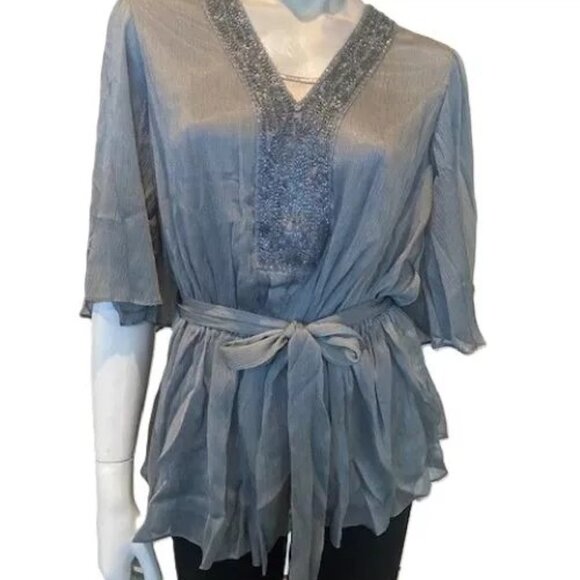 Badgley Mischka Flowy Silver Peplum Top Beaded Neckline 3/4 Sleeve ( SMALL ) NWT - Picture 8 of 8